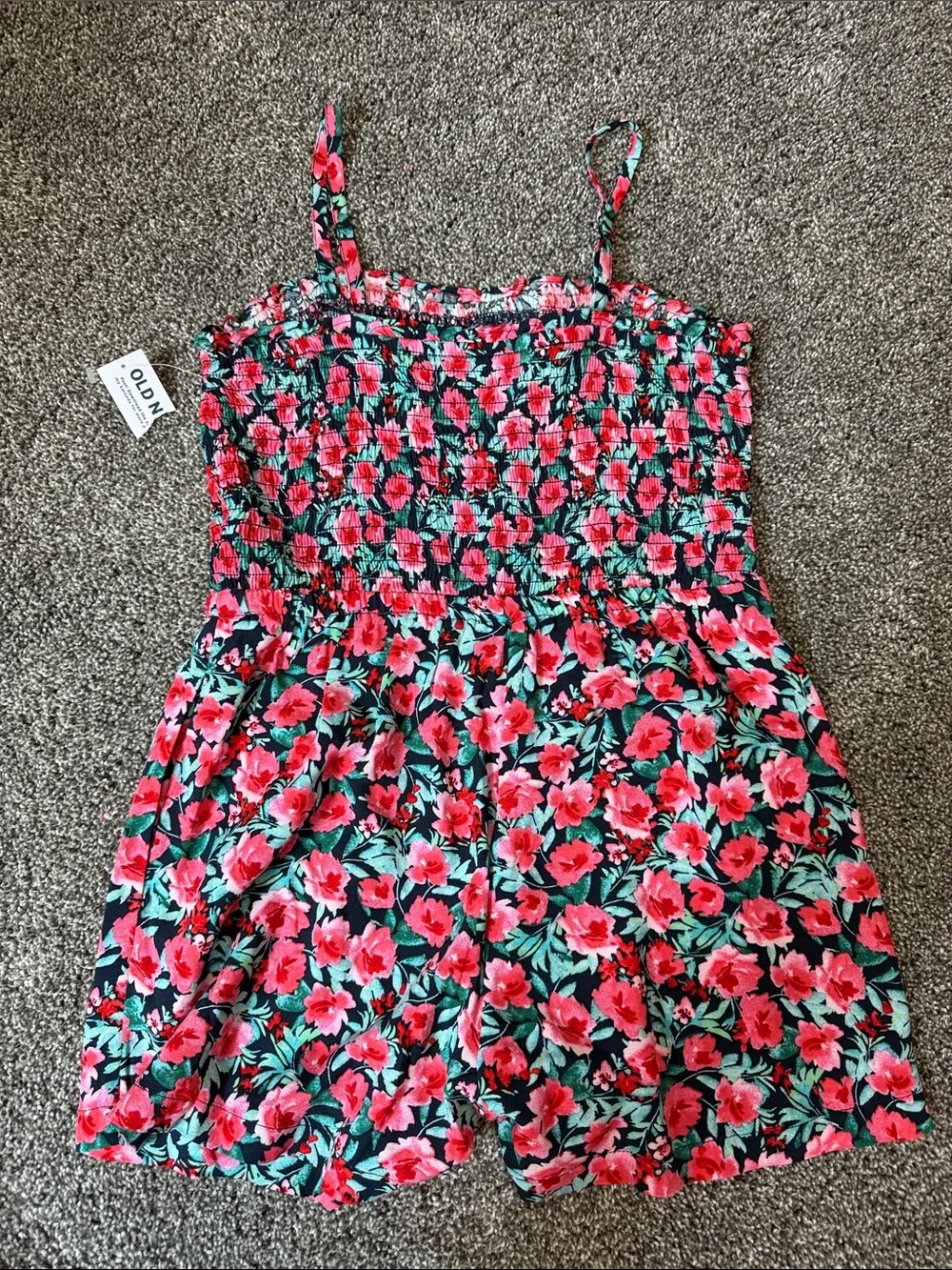 Old Navy Black Romper Dress with Pink Floral Print